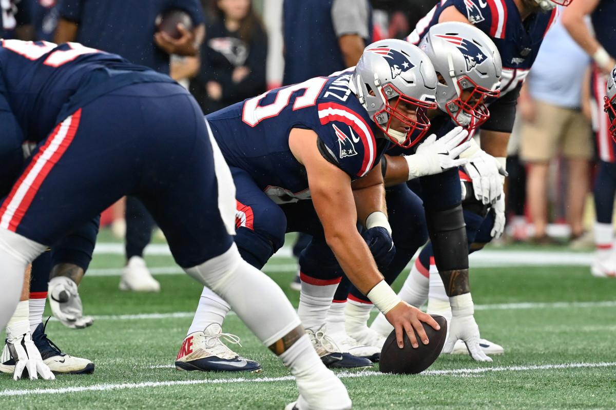 New England Patriots guard James Ferentz (65) warms up before a game against the Houston Texans at Gillette Stadium.
